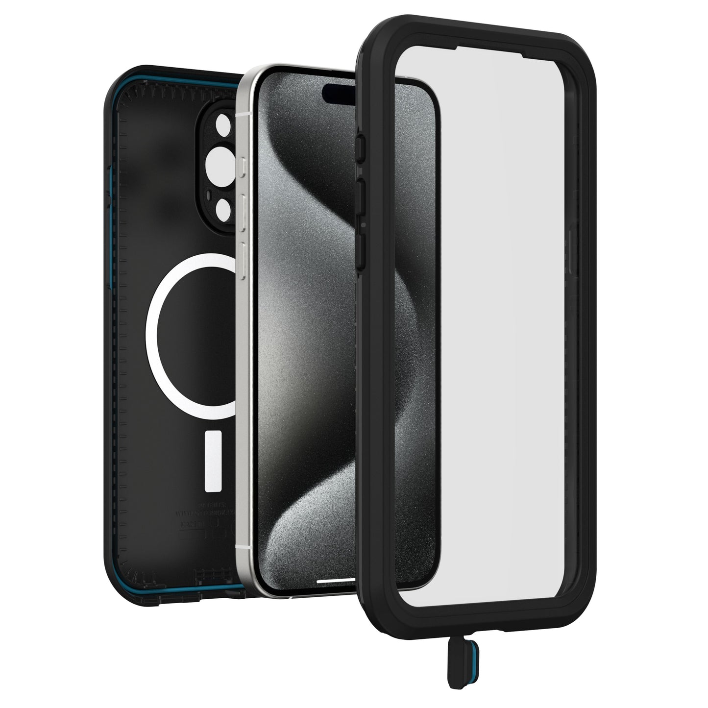 Otterbox Fre mobilcover i sort til iPhone 15 Pro Max vist adskilt med bagside m. MagSafe, mobil og klar front.