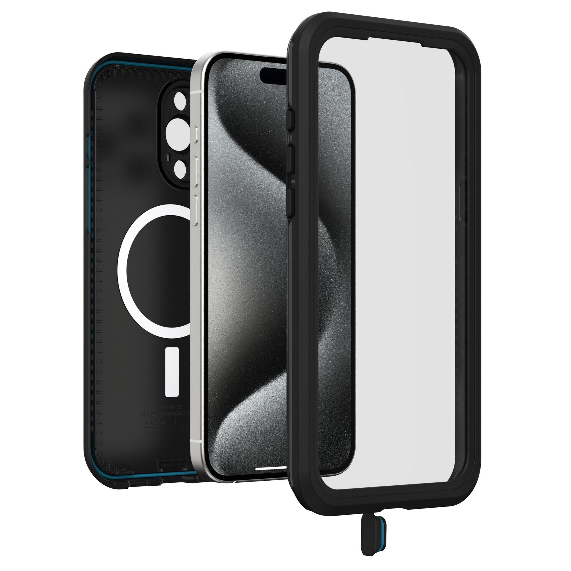Otterbox Fre mobilcover i sort til iPhone 15 Pro Max vist adskilt med bagside m. MagSafe, mobil og klar front.