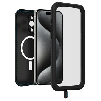 Otterbox Fre mobilcover i sort til iPhone 15 Pro Max vist adskilt med bagside m. MagSafe, mobil og klar front.