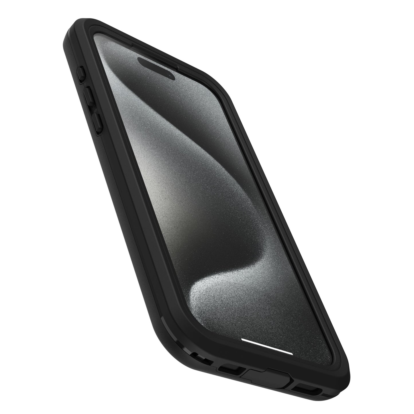 IPhone 15 Pro Max sort med Otterbox Fre mobilcover, MagSafe-kompatibel, skærm viser sorte, grå og hvide bølger.