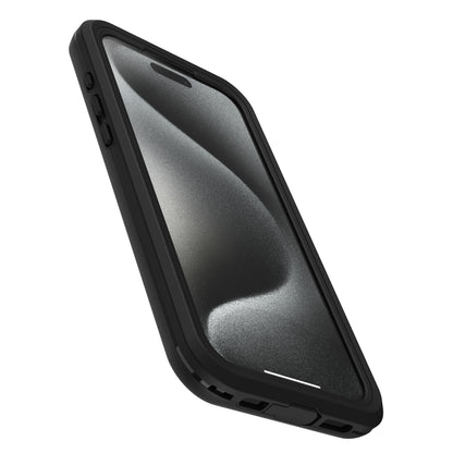 IPhone 15 Pro Max sort med Otterbox Fre mobilcover, MagSafe-kompatibel, skærm viser sorte, grå og hvide bølger.