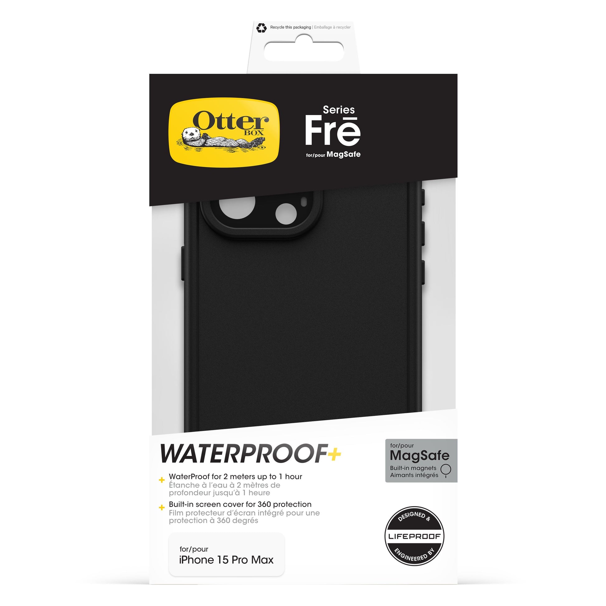 Otterbox Fre cover til iPhone 15 Pro Max med indbygget skærmbeskyttelse og MagSafe, sort emballage.