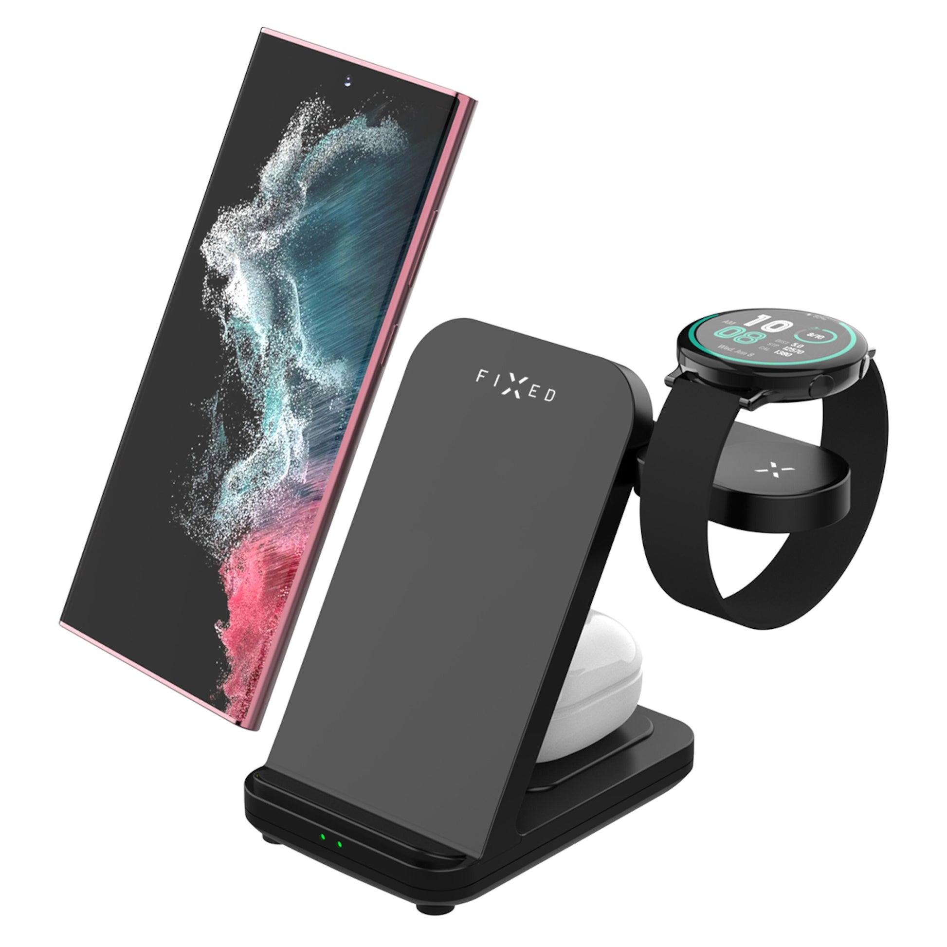 Fixed Powerstation 3-i-1 opladningsstation sort oplader smartphone oprejst, Samsung Watch sidelæns, trådløse earbuds.
