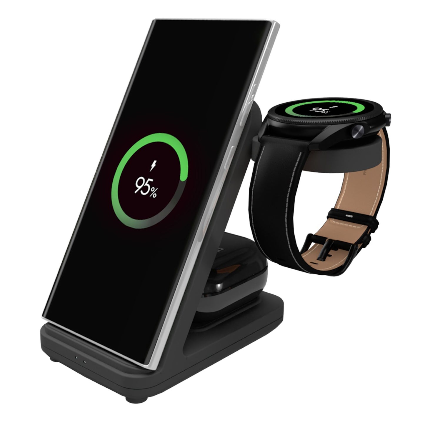 Fixed Powerstation 3-i-1 opladningsstation lader trådløst smartphone med 95 strøm og Samsung Watch på dedikeret plads.
