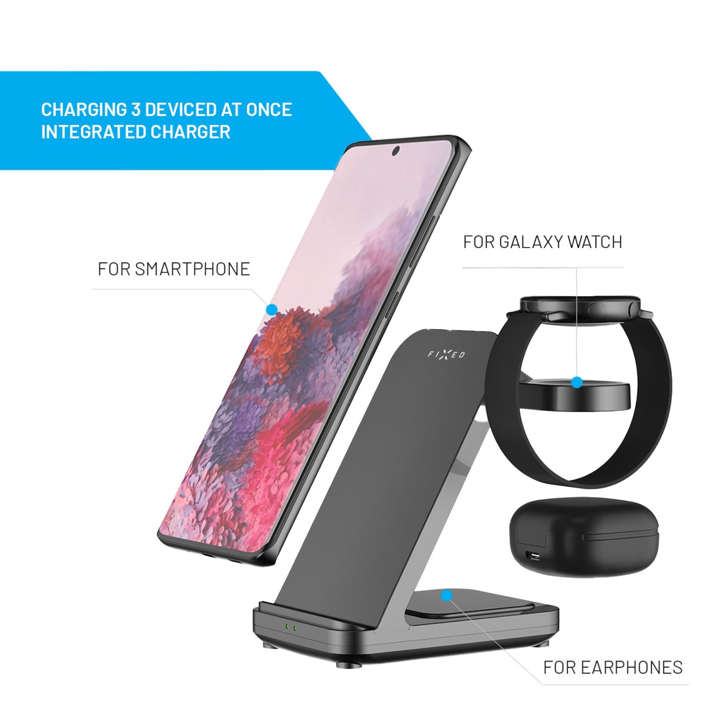 Fixed Powerstation 3-i-1 opladningsstation oplader smartphone, Samsung Watch og trådløse øretelefoner med blå highlights.