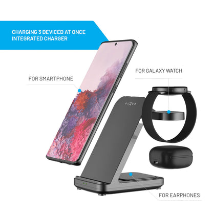 Fixed Powerstation 3-i-1 opladningsstation oplader smartphone, Samsung Watch og trådløse øretelefoner med blå highlights.