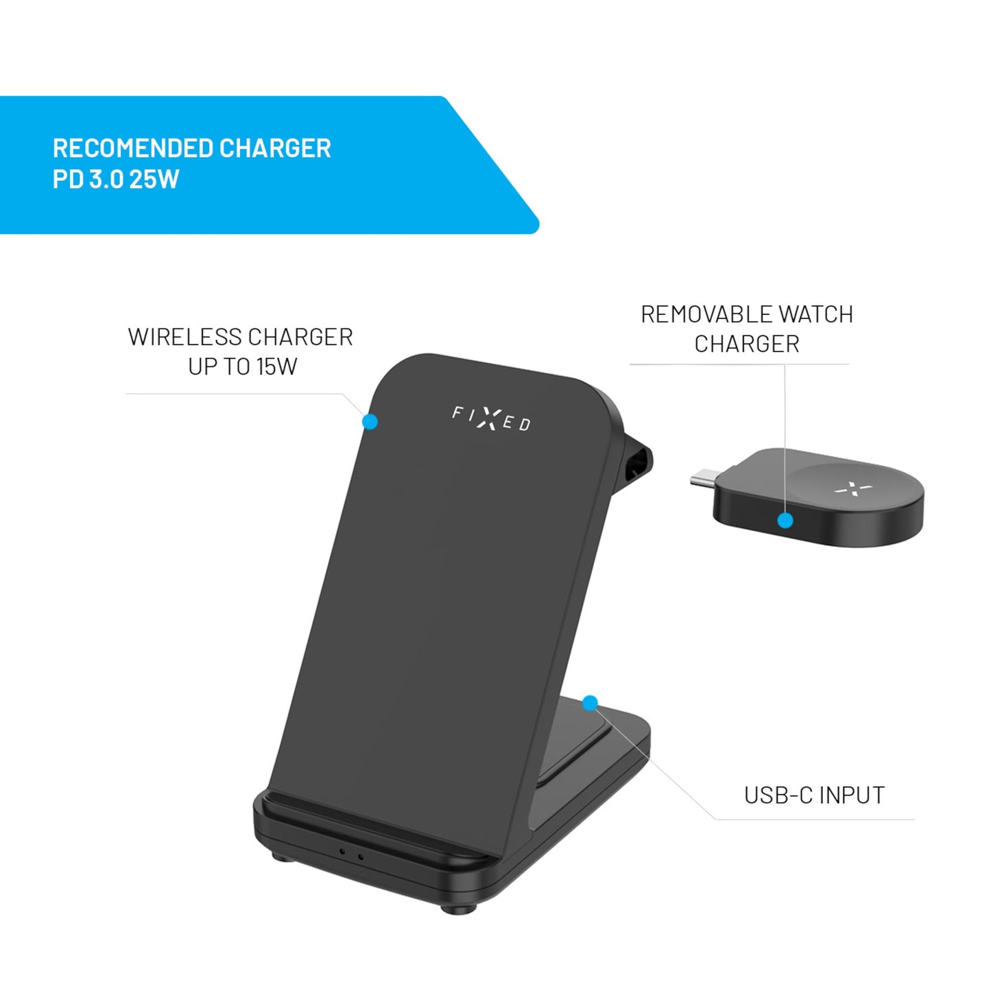 Fixed Powerstation 3-i-1 sort trådløs opladningsstation 15W, aftagelig Samsung Watch-lader, USB-C-indgang, blå FIXED-logo.