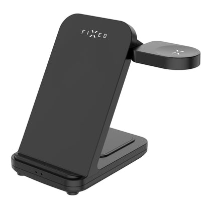 Fixed Powerstation 3-i-1 opladningsstation med trådløse opladere, opretstående telefonpad og Samsung Watch lader på base.
