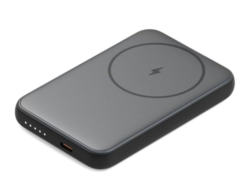 Linocell Magnetisk Powerbank 5000 mAh grå med rund magnetisk ladeflade og lyn-symbol, trådløs opladning til iPhone.