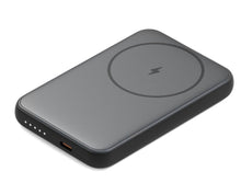 Linocell Magnetisk Powerbank 5000 mAh grå med rund magnetisk ladeflade og lyn-symbol, trådløs opladning til iPhone.