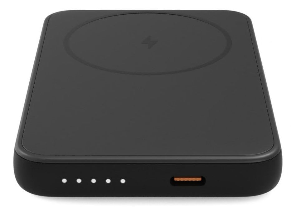 Linocell Magnetisk Powerbank 5000 mAh sort, rektangulær med cirkelformet top, 4 LED-indikatorer og USB-C port.