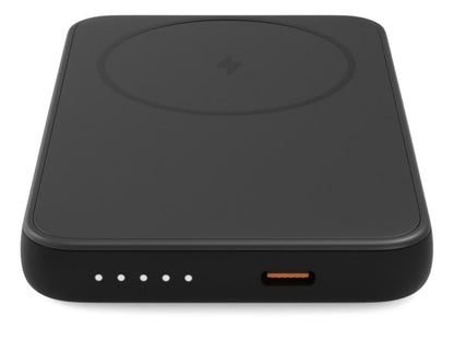 Linocell Magnetisk Powerbank 5000 mAh sort, rektangulær med cirkelformet top, 4 LED-indikatorer og USB-C port.