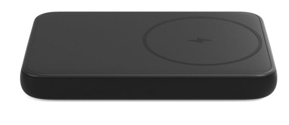 Sort rektangulær trådløs oplader med afrundede hjørner og lyn-opladerfelt, kompatibel med iPhone Wireless og 5000 mAh powerbank.