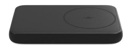 Sort rektangulær trådløs oplader med afrundede hjørner og lyn-opladerfelt, kompatibel med iPhone Wireless og 5000 mAh powerbank.