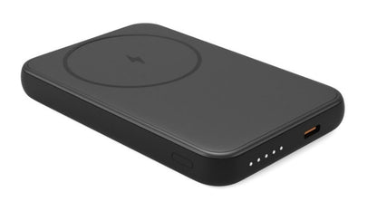 Magnetisk powerbank 5000 mAh sort med LED-indikator, rund trådløs opladeflade til iPhone, USB-C port, sideknap.