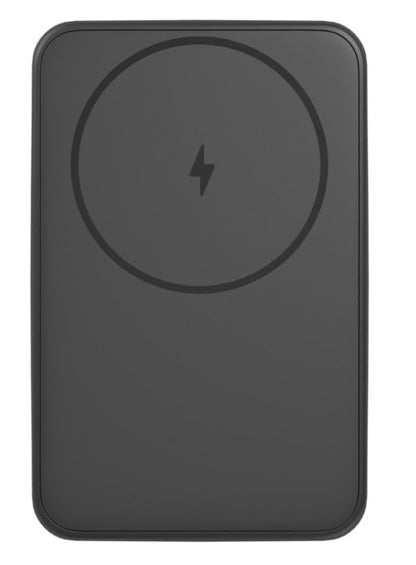 Magnetisk powerbank 5000 mAh, sort, rektangulær med afrundede hjørner, lyncirkel markerer opladningspunkt.