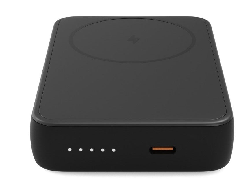 Magsafe Powerbank 10000 mAh sort, trådløs oplader med cirkulær pad, fire LED-indikatorer og USB-port.