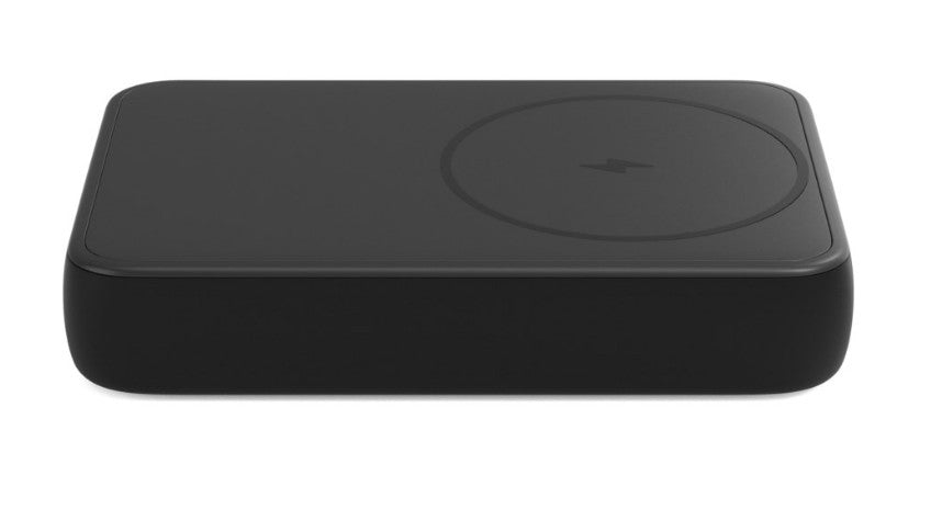 Linocell Magsafe Powerbank 10000 mAh sort, rektangulær med afrundede hjørner, cirkulært opladningsfelt og lyn-ikon.