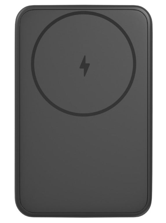Magsafe Powerbank 10000 mAh sort, rektangulær med afrundede kanter og lynsymbol, trådløs opladning til iPhone 15.