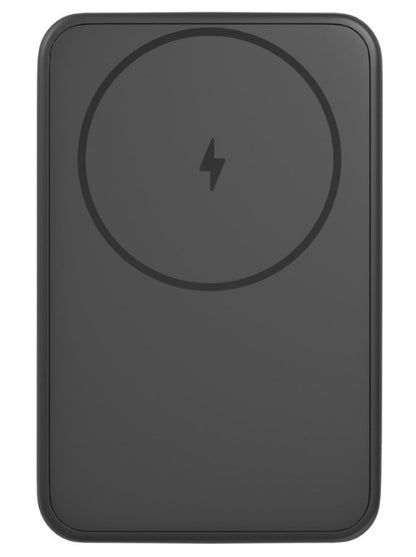 Magsafe Powerbank 10000 mAh sort, rektangulær med afrundede kanter og lynsymbol, trådløs opladning til iPhone 15.