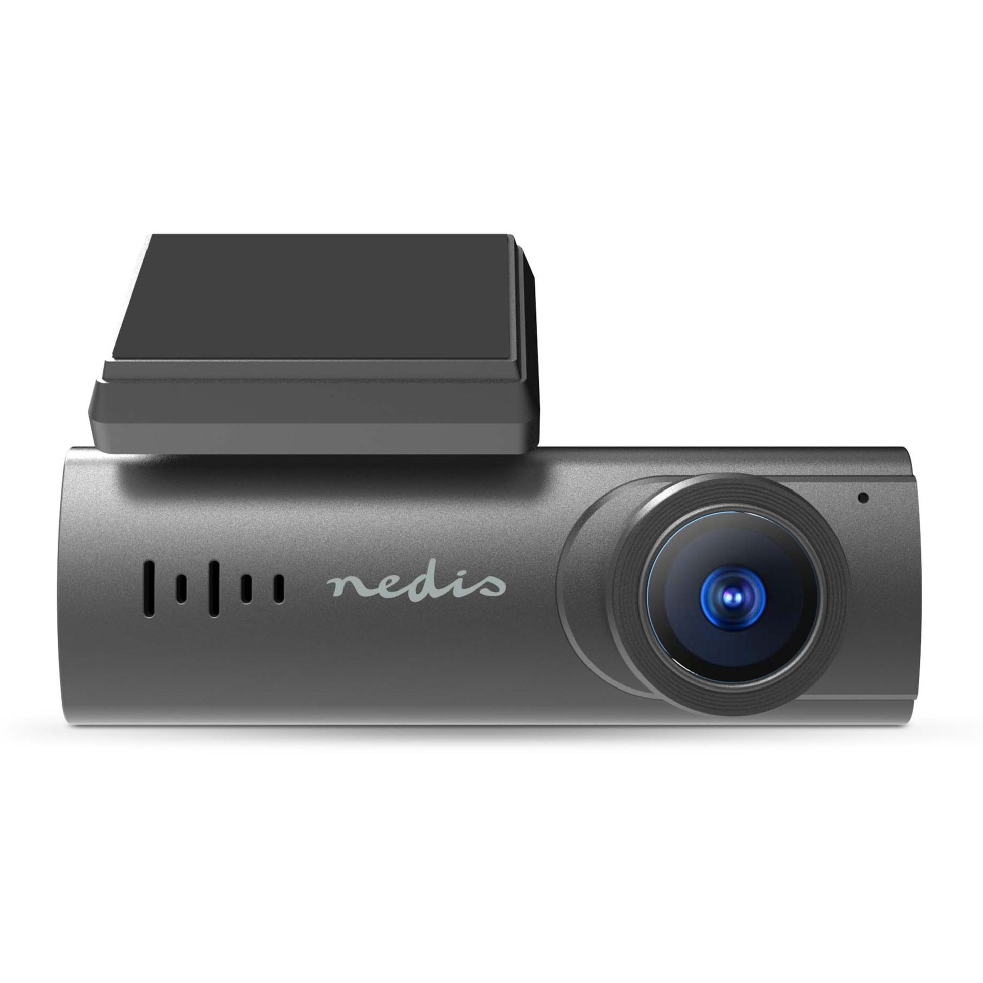 Nedis Dash Cam grå, 1080p, vidvinkelobjektiv til højre, ventilationsslidser til venstre, firkantet beslag på toppen.