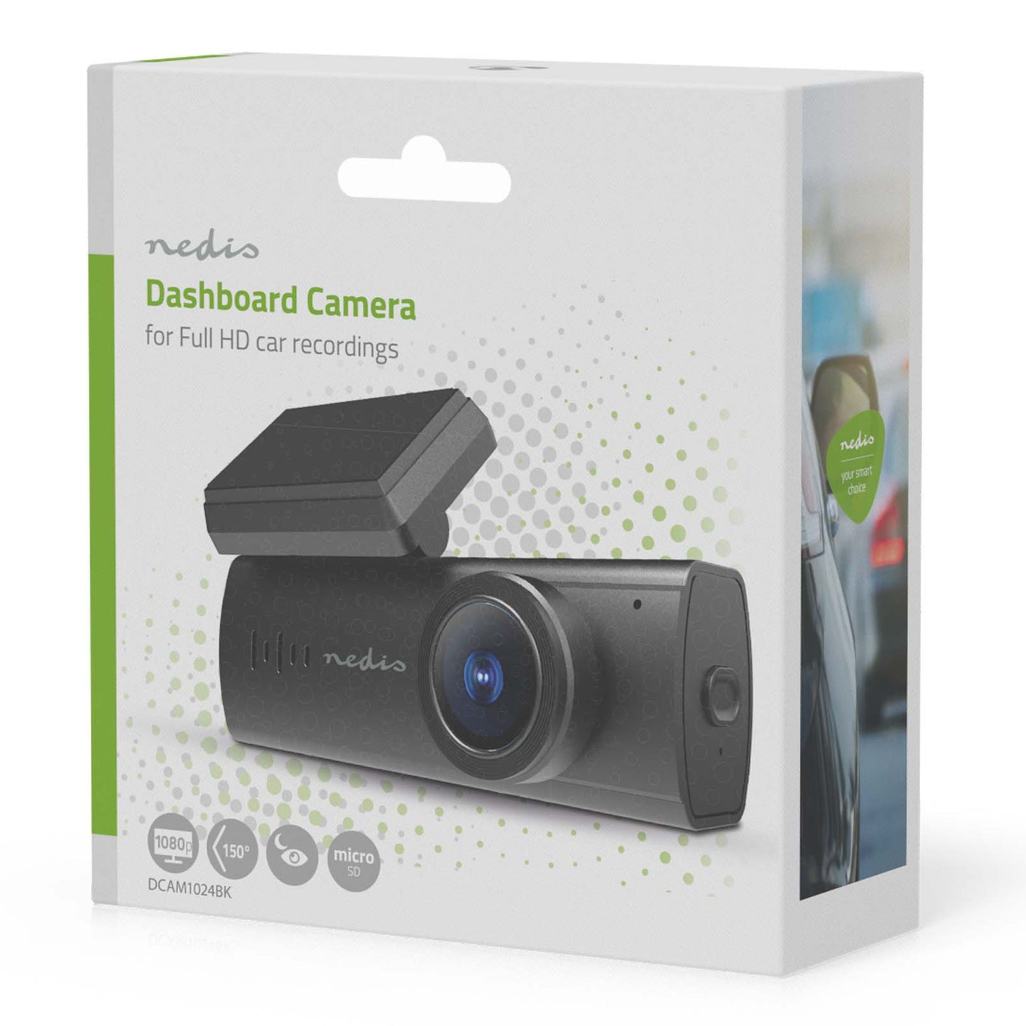 Nedis Dash Cam, Full HD 1080p, 150° vidvinkel, microSD-understøttelse, bilinteriør synligt på emballagen.