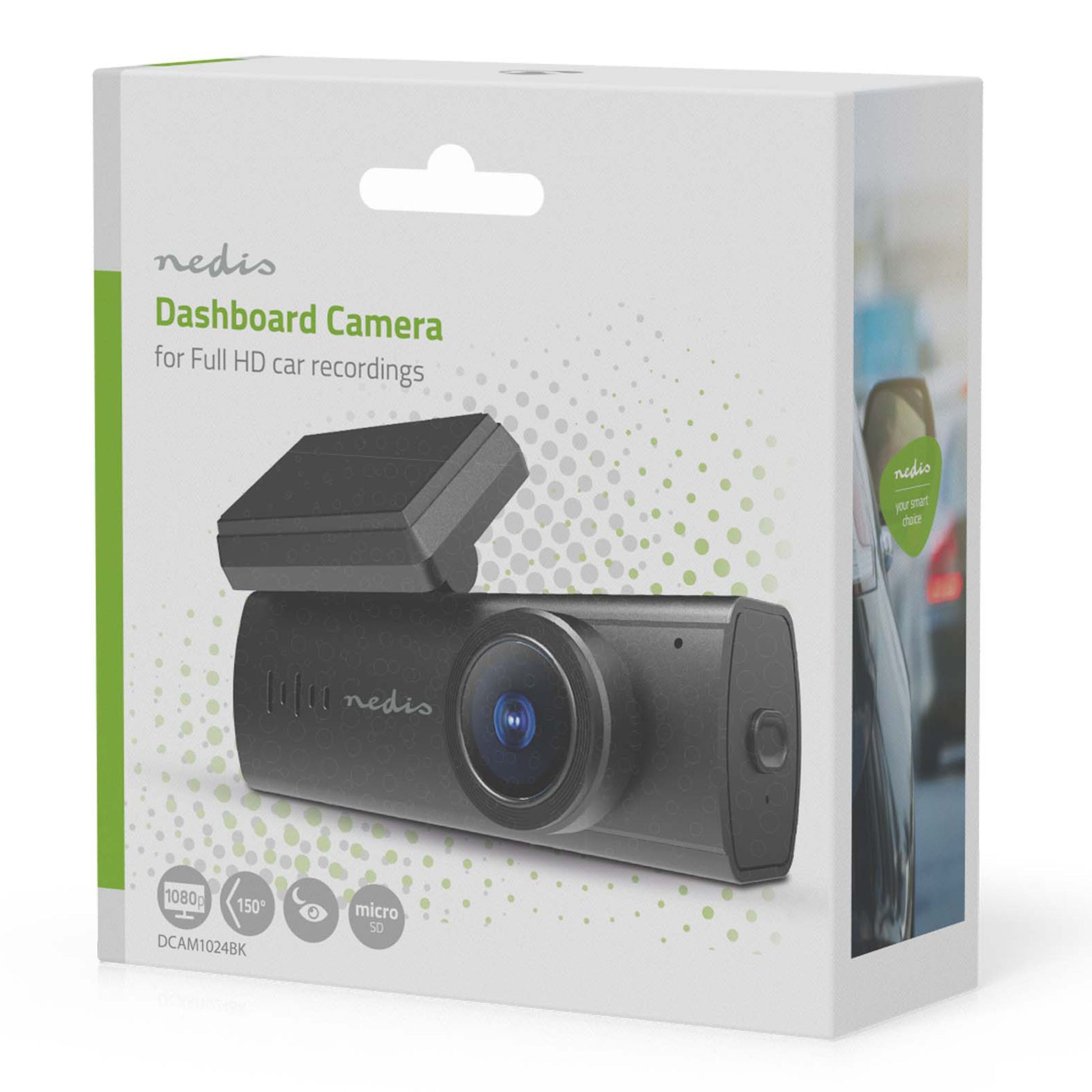 Nedis Dash Cam, Full HD 1080p, 150° vidvinkel, microSD-understøttelse, bilinteriør synligt på emballagen.