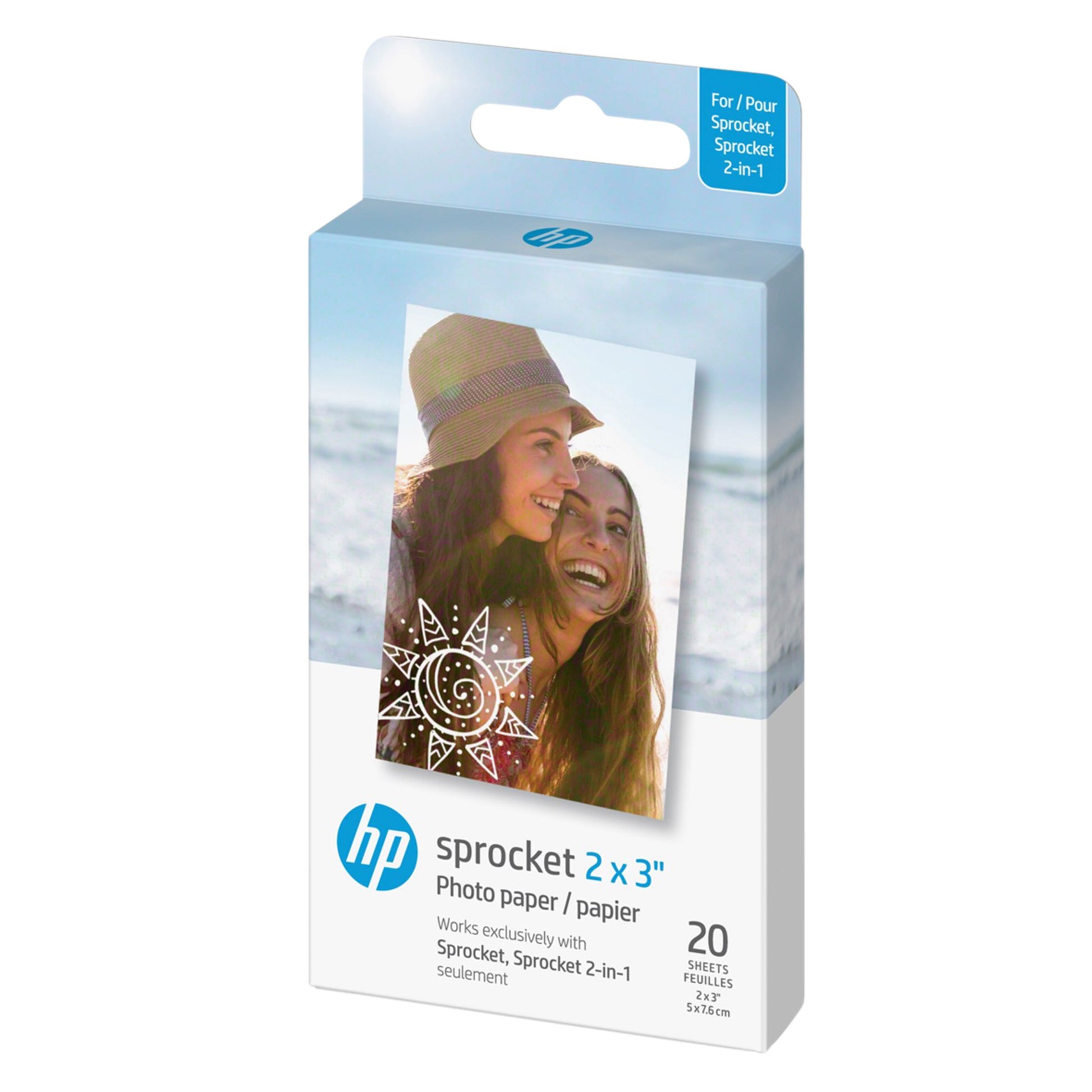 HP Zink papir 20-pak 5x7,6 cm i lyseblå emballage til HP Sprocket printer og fotoklistermærker.