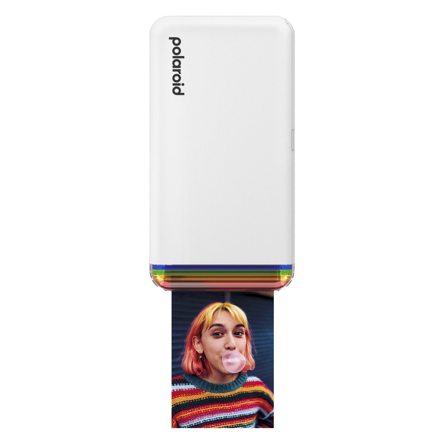 Polaroid Hi-Print Gen 2 Hvid printer farvefoto med regnbuestribe i bunden, billedmotiv af person med farverigt hår.