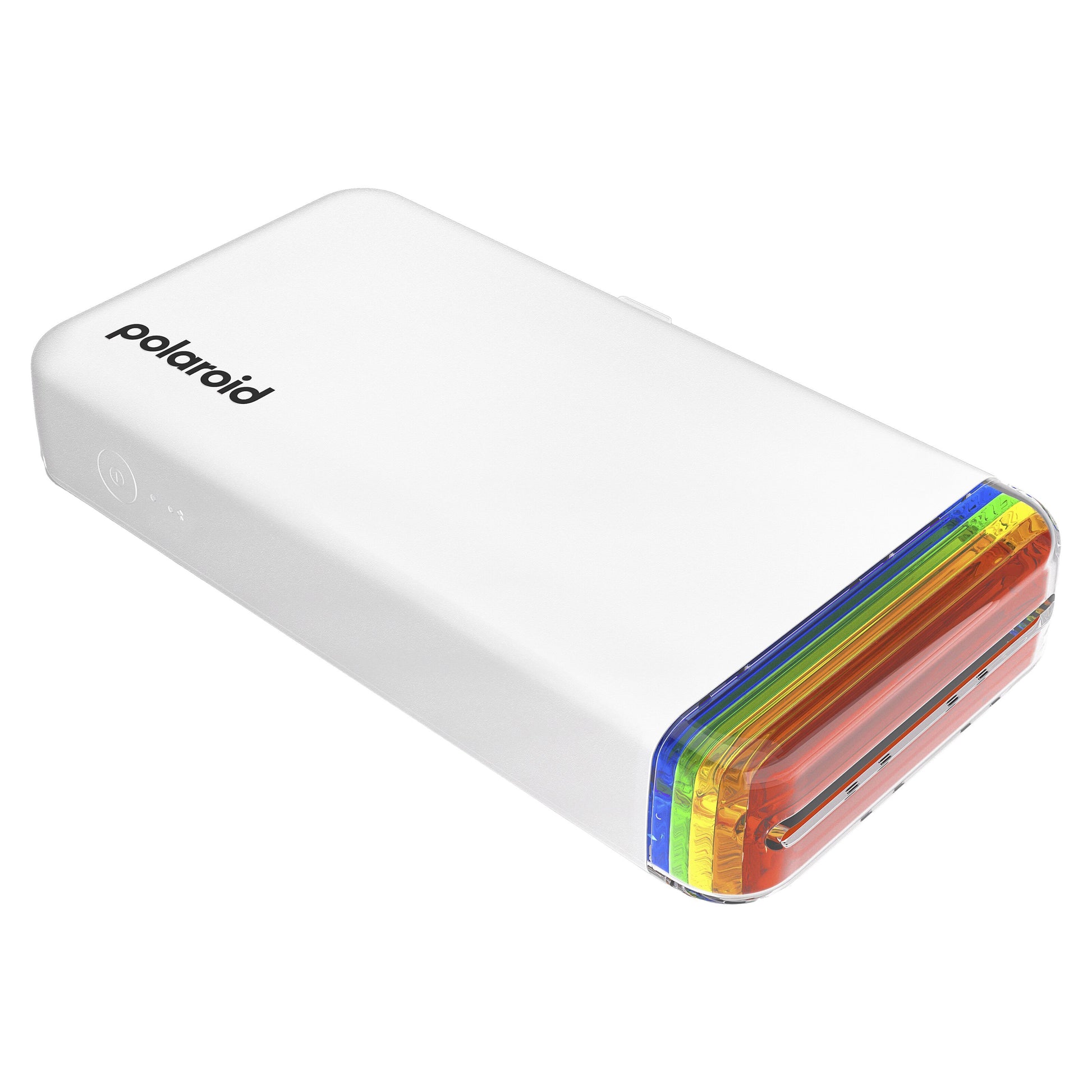 Polaroid Hi-Print Gen 2 hvid smartphoneprinter med farverig udskriftsåbning.