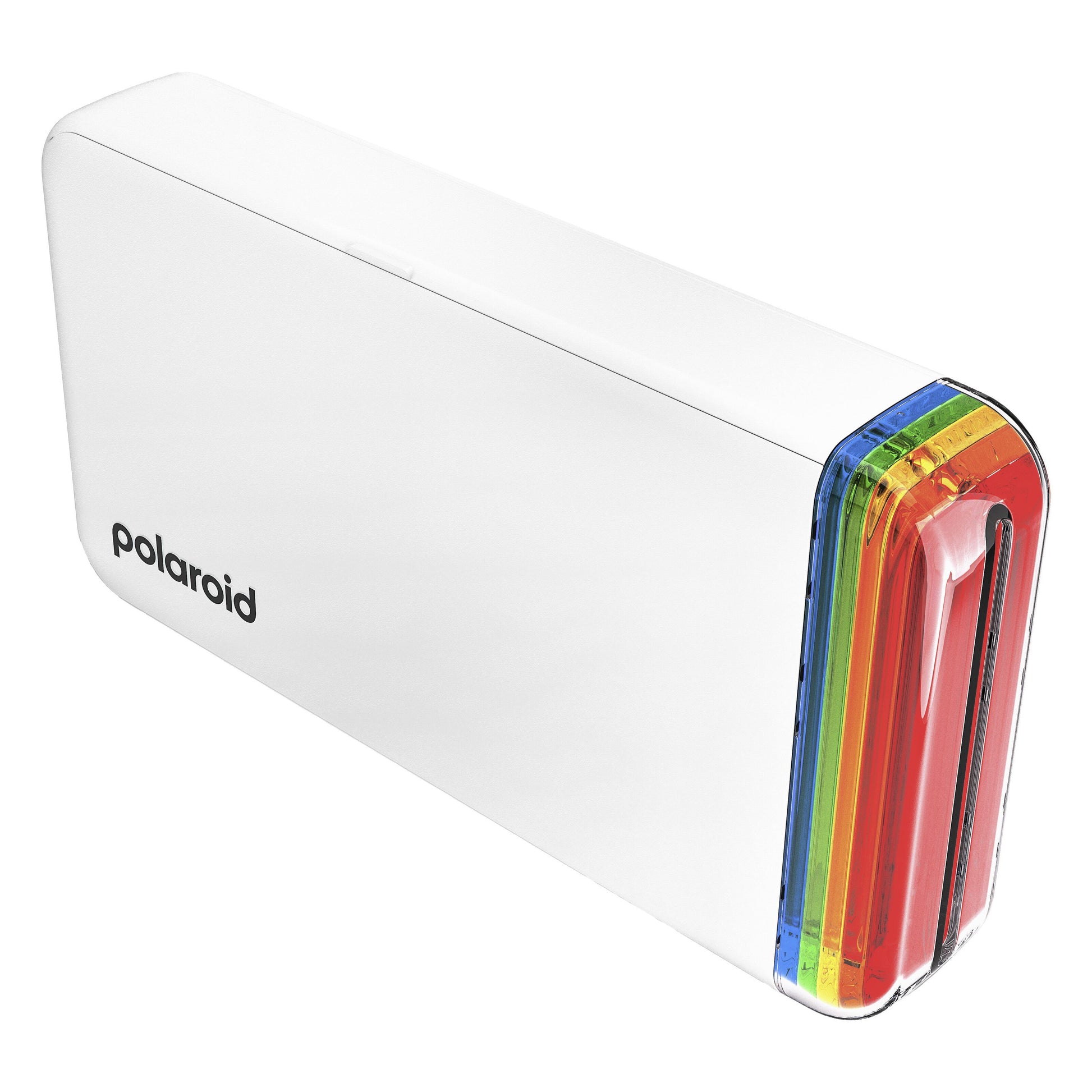 Polaroid Hi-Print Gen 2 smartphone printer, hvid, rektangulær med fire gennemsigtige farvefiltre i rød, gul, grøn og blå.