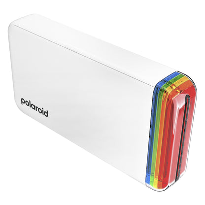 Polaroid Hi-Print Gen 2 smartphone printer, hvid, rektangulær med fire gennemsigtige farvefiltre i rød, gul, grøn og blå.