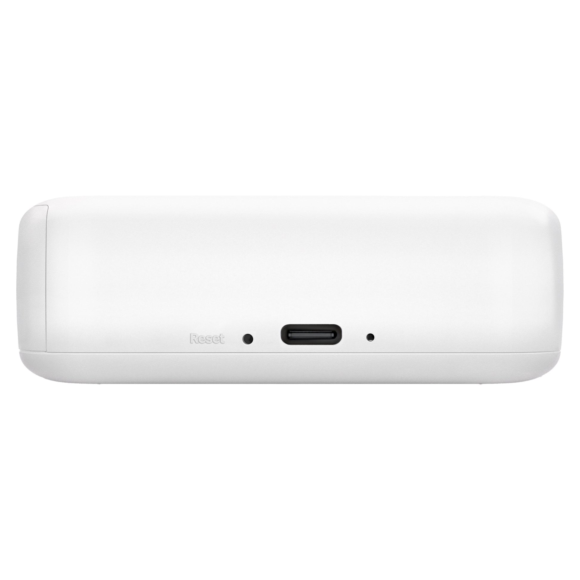 Polaroid Hi-Print Gen 2 smartphone printer hvid, bagside med USB-C port, reset-knap og LED statusindikator.