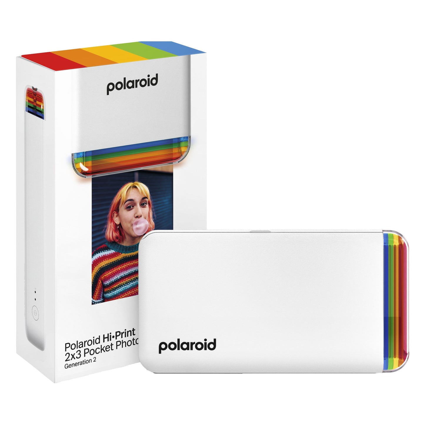 Polaroid Hi-Print Gen 2 hvid smartphone printer med regnbuestriber foran æske og fototryk af farverigt hår og stribet trøje.