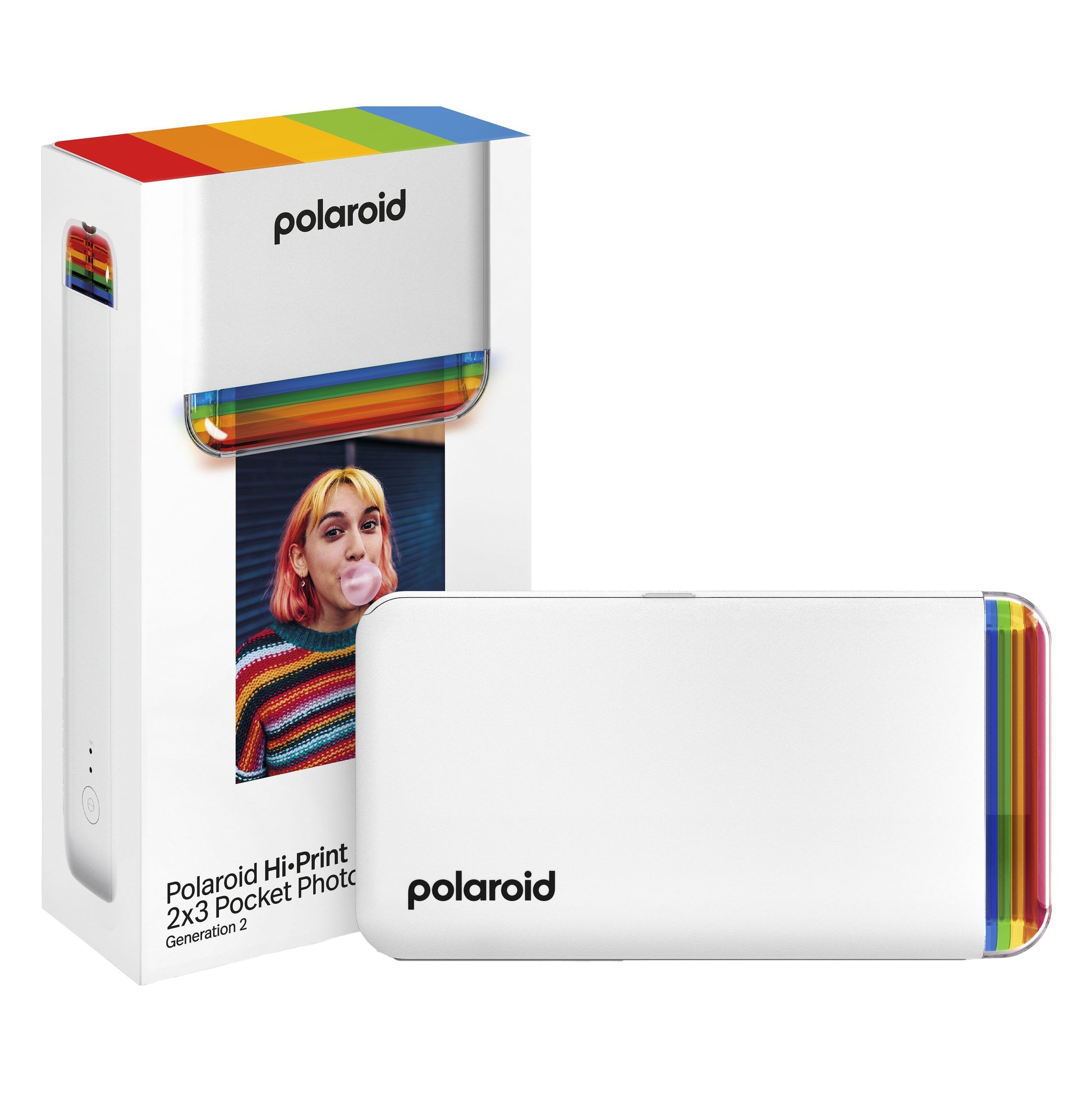 Polaroid Hi-Print Gen 2 hvid smartphone printer med regnbuestriber foran æske og fototryk af farverigt hår og stribet trøje.