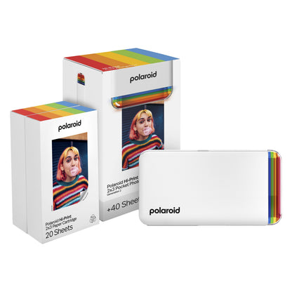Polaroid Hi-Print Gen 2 Kit Hvid, 2 æsker og bærbar printer med regnbueaccenter, emballage med tyggegummiboble-motiv.