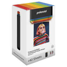 Polaroid Hi-Print Gen 2 Kit sort æske med regnbuedesign, foto af person, tekst om inkl. 40 ark fotopapir.