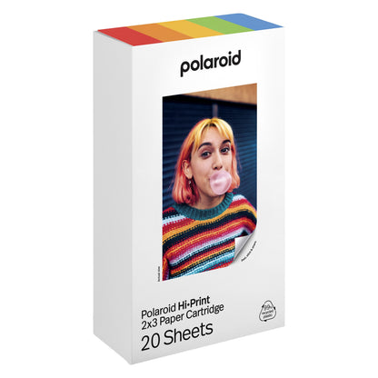 Polaroid Hi-Print Gen 2 papir 20-pak med selvklæbende ark, motiv af person med gult og pink hår, farverig sweater.