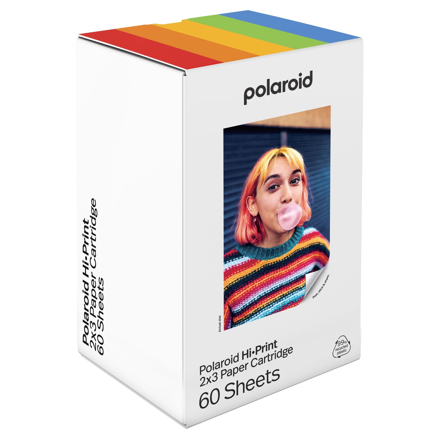 Polaroid Hi-Print Gen 2 fotopapir 60-pakke i farverig æske med billede af person der puster tyggegummibobler.