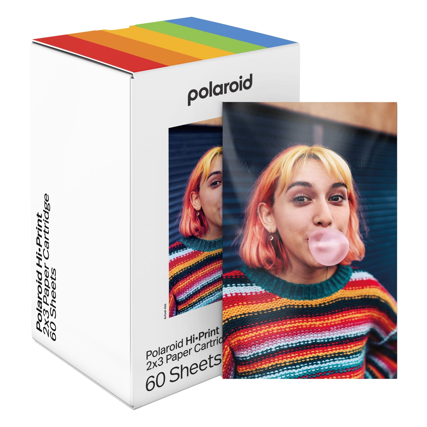 Polaroid Hi-Print Gen 2 fotopapir 60-pak med regnbue-detalje på kassette og testfoto af ung i stribet sweater.