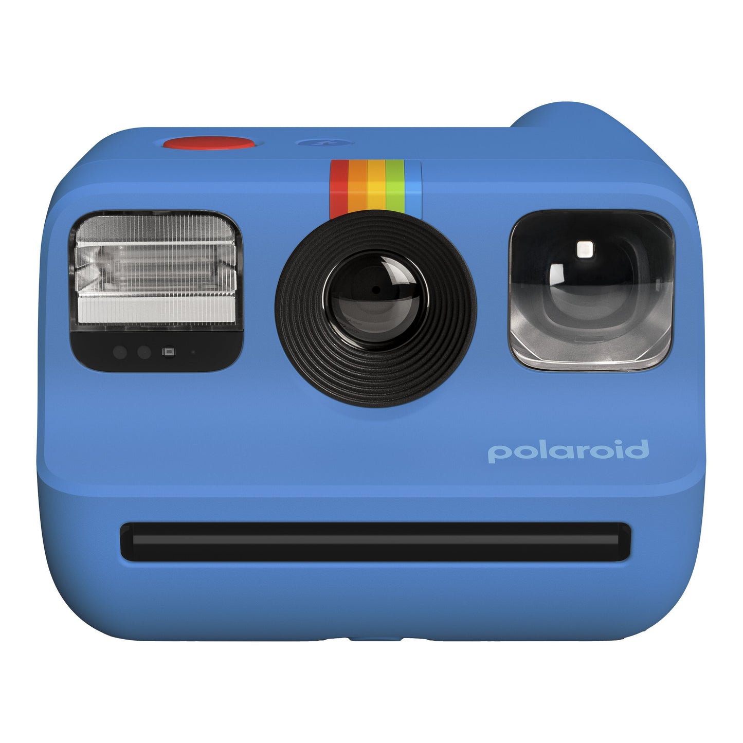 Polaroid Go Gen2 instantkamera blå med regnbuestribe og rød knap, bruger Polaroid Go film.