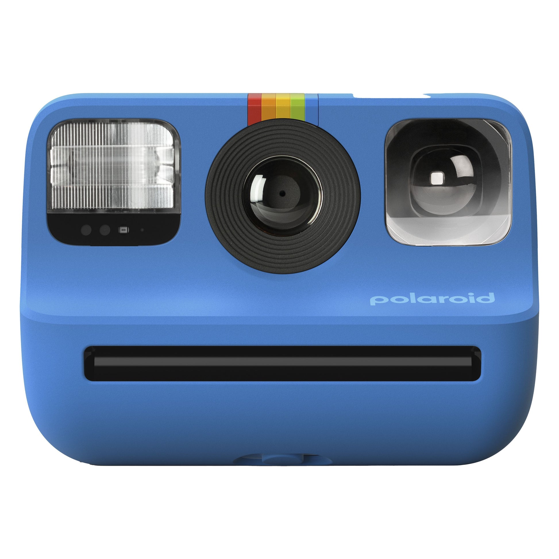 Polaroid Go Gen2 instant kamera blå med centreret linse, indbygget flash, søger, regnbuestribe og Polaroid-logo.