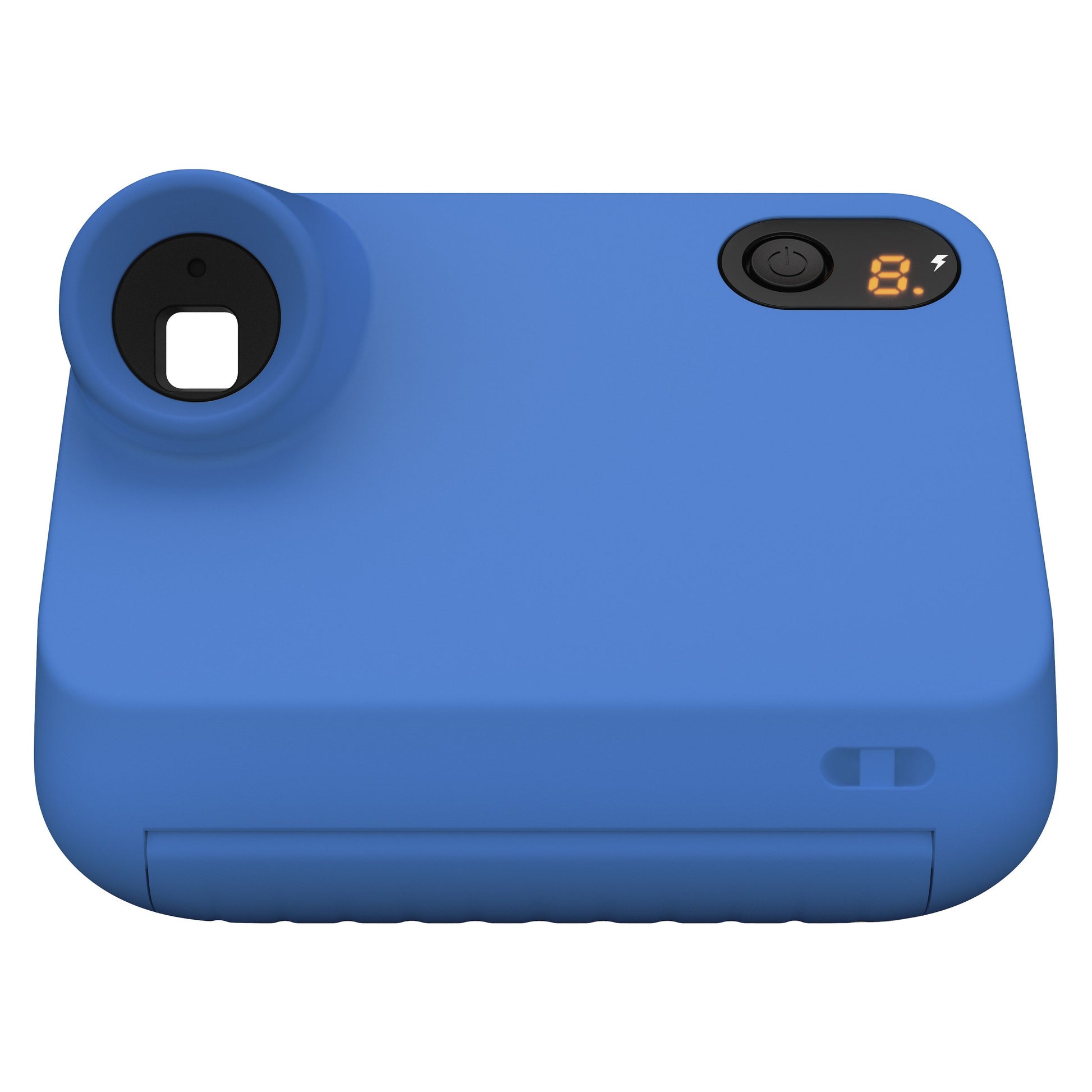 Polaroid Go Gen2 instantkamera set oppefra med objektiv, tænd/sluk-knap, digitalt display og slots til film på fronten.