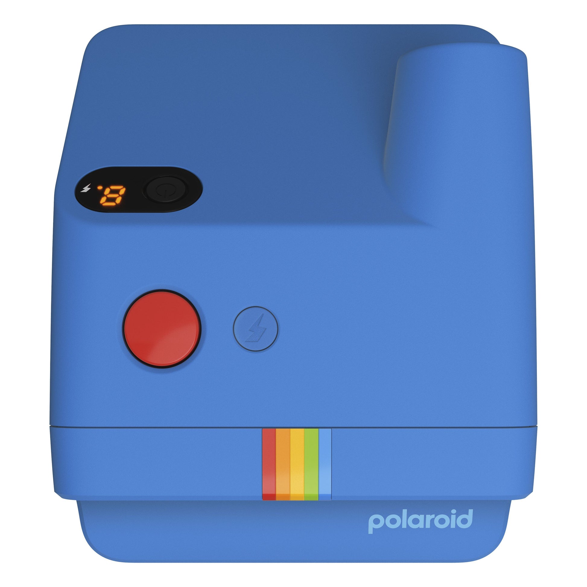 Polaroid Go Gen2 instant kamera, blå, stor rød udløserknap, digitalt display med "8", regnbuestribe og Polaroid-logo.