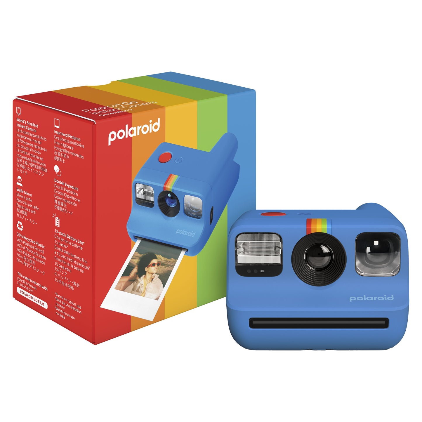 Polaroid Go Gen2 Instant kamera blå ved siden af regnbue-stribet æske med produktbillede, foto ud af kameraet.