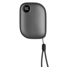 Håndvarmer med powerbank, sort, rektangulær med afrundede kanter, digitalt display 90, fastgjort rem.