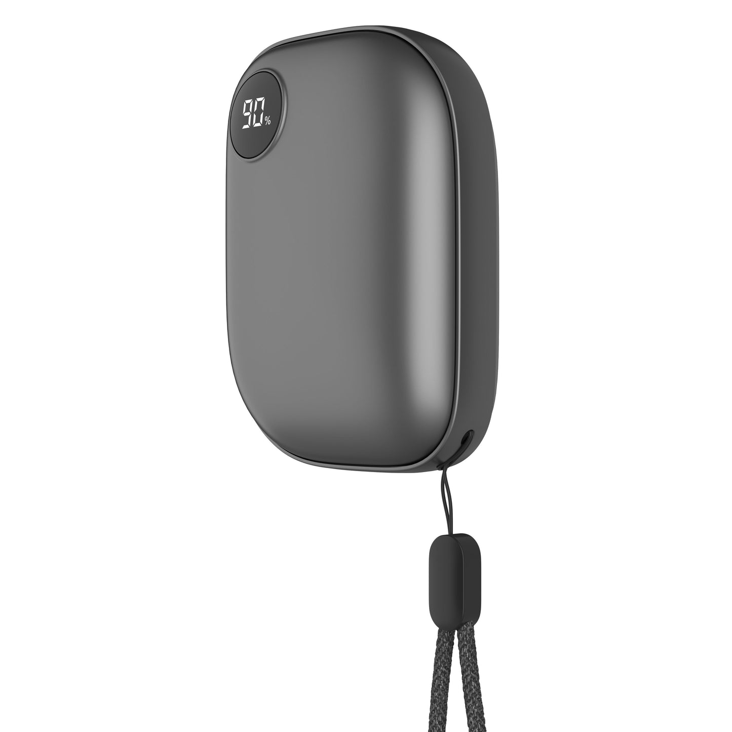 Håndvarmer med powerbank, mørkegrå, afrundede kanter, LED-display (90 ), sort håndledsrem.