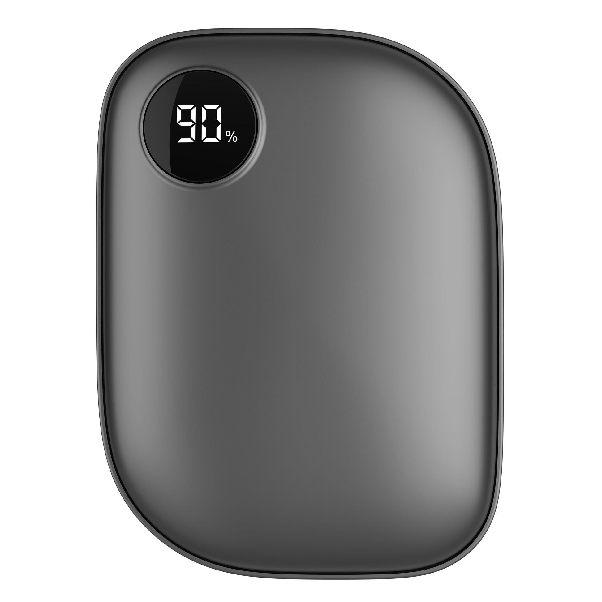 Håndvarmer med powerbank, sort, rektangulær med afrundede kanter og digitalt display der viser 90.