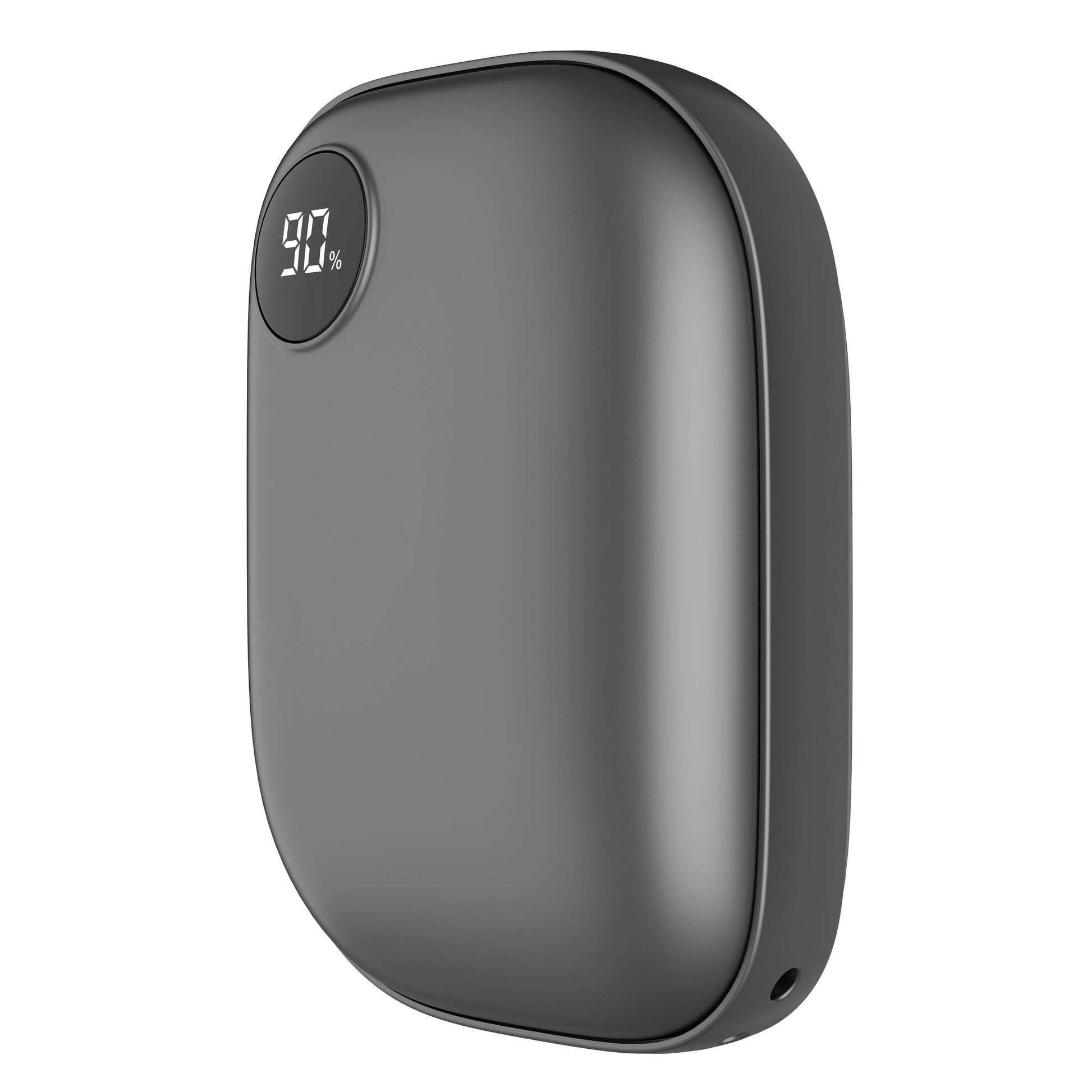 Håndvarmer med powerbank, sort ovalt design, digitalt display (90  øverst til venstre), opladningsport i bunden.