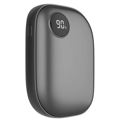 Håndvarmer med powerbank, sort, rektangulær med afrundede kanter, sideknap og digitalt display der viser 90.